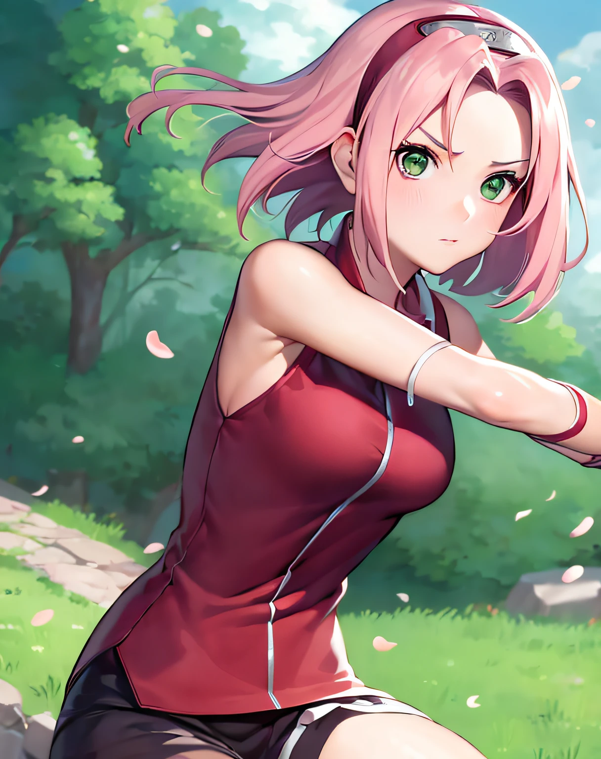 Haruno Sakura, Naruto \(Series\), naruto shippuuden, Anime Art Style, masutepiece, 

Looking at Viewer, Upper body, 

Fighting Pose, clenched hand, closed hands, Constricted fingers, arms extended, raised fist, Trying to punch, Detailed fist,  Focus Fist,

Red Shirt, Shirt, Short hair, Sleeveless, Sleeveless shirt, forehead protector, shairband, Konohagakure symbol on the hair band, 

1girl in, Solo, Bangs, breasts, Closed mouth, elbow sleeve, eyes visible through hair, Floating hair, foreshortening, Green eyes, Hair intake, Parted bangs, Pink hair, Small breasts, V-shaped eyebrows, Detailed background, plein air, cherryblossom, skyporn, cloud, Wind, day, Sunlight,