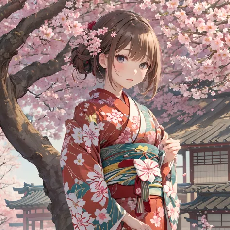 kimono, yukata, japanese cloth, standing, 1girl, flat chest, cherry blossoms,