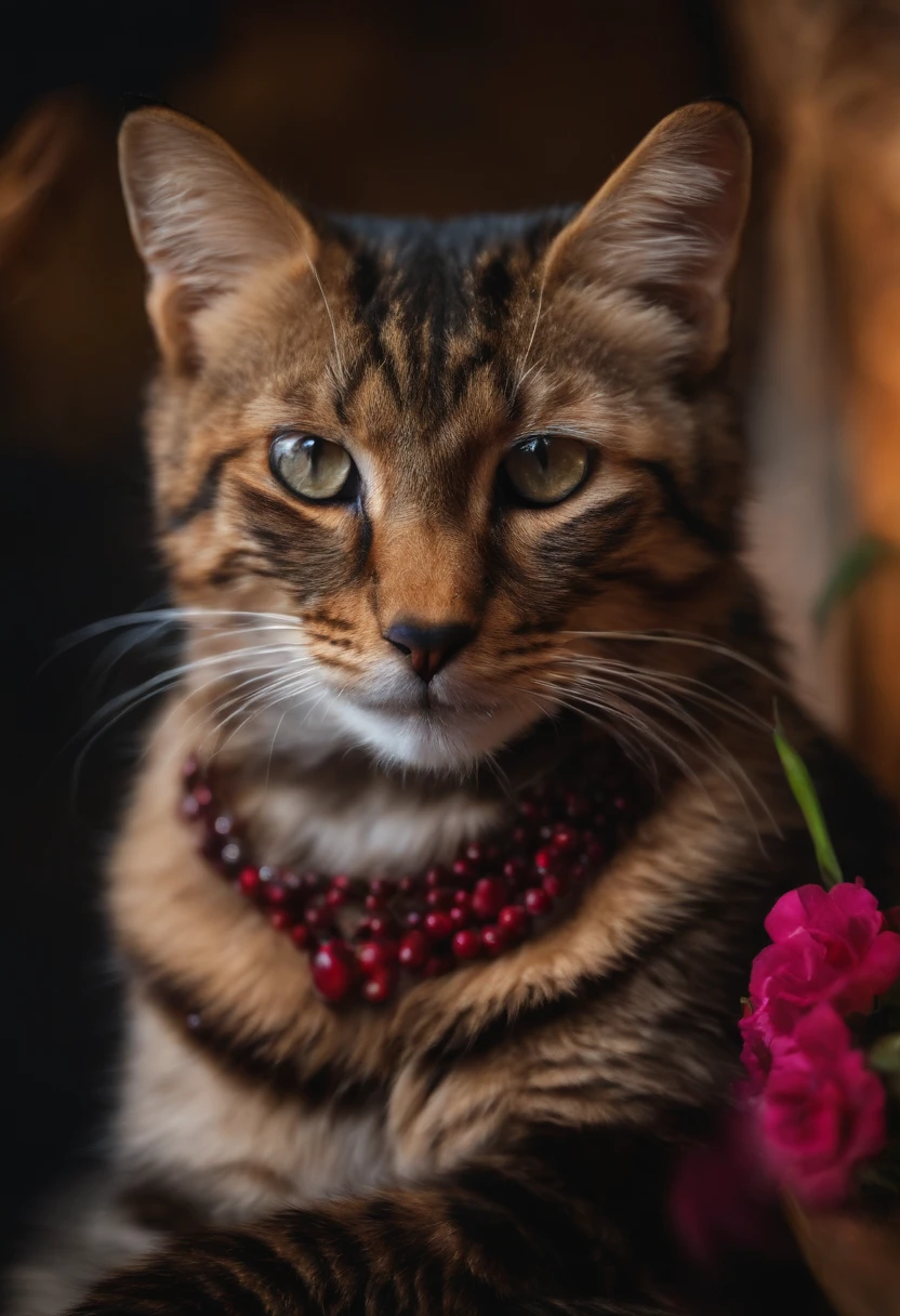 A close up of a cat with a red bead collar and a flower - SeaArt AI