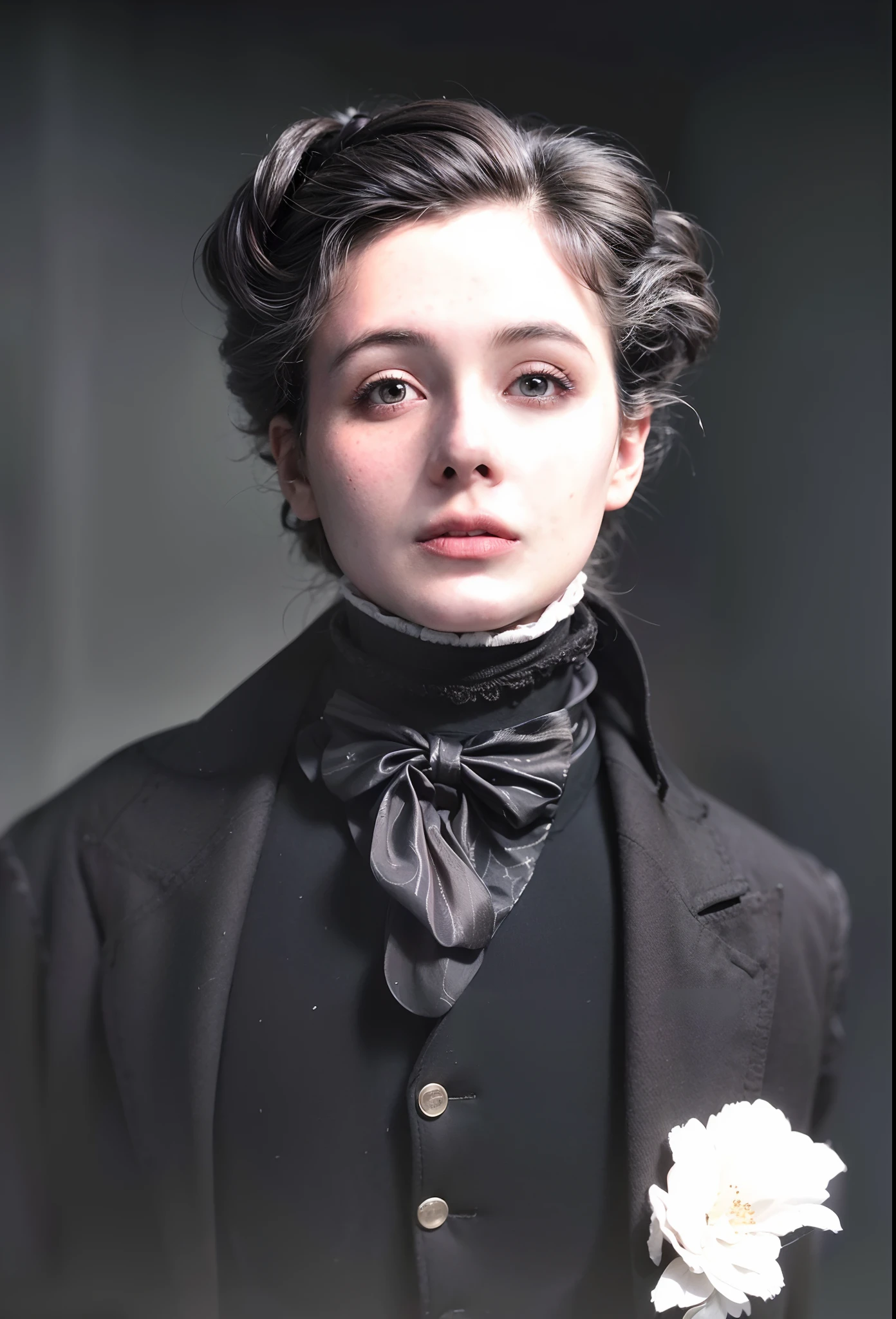 arafed photo of a woman in a black suit and bow tie, autochrome pearl portrait, colorized 1 9 0 4 photo, colourized, a colorized photo, colorized photograph, colorized photo, colourised, hand - tinted, colorized, coloured photo, vintage color photo, old color photo, inspired by Galen Dara, color portrait, (skin blemish:1.2), (skindentation), freckles, moles, wrinkles, or blemishes, pores, skin texture, and fine lines, 8k portrait, detailed intricate fabric texture, (charcoal black theme:1.3), spiral patterns, body freckles, bright, high quality image, masterpiece, detailed hair texture, detailed skin texture, detailed cloth texture, 8k, add fabric details, ultra detailed skin texture, ultra detailed photo, skin pores, cloth details, high skin details, realistic hair details, (8K, RAW photo, best quality, masterpiece:1.2), (realistic, photo-realistic:1.4), ultra-detailed (grainy:0.2)