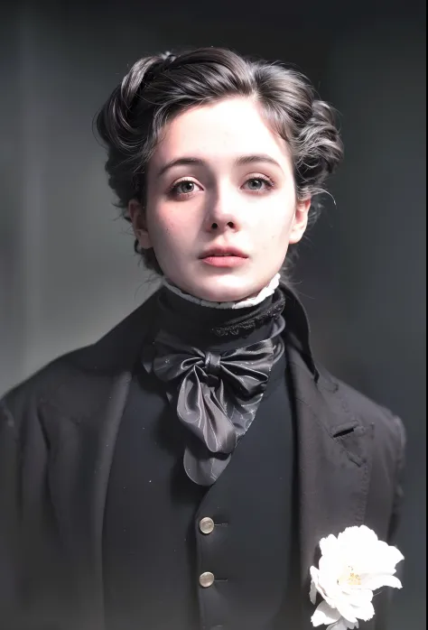 arafed photo of a woman in a black suit and bow tie, autochrome pearl portrait, colorized 1 9 0 4 photo, colourized, a colorized...