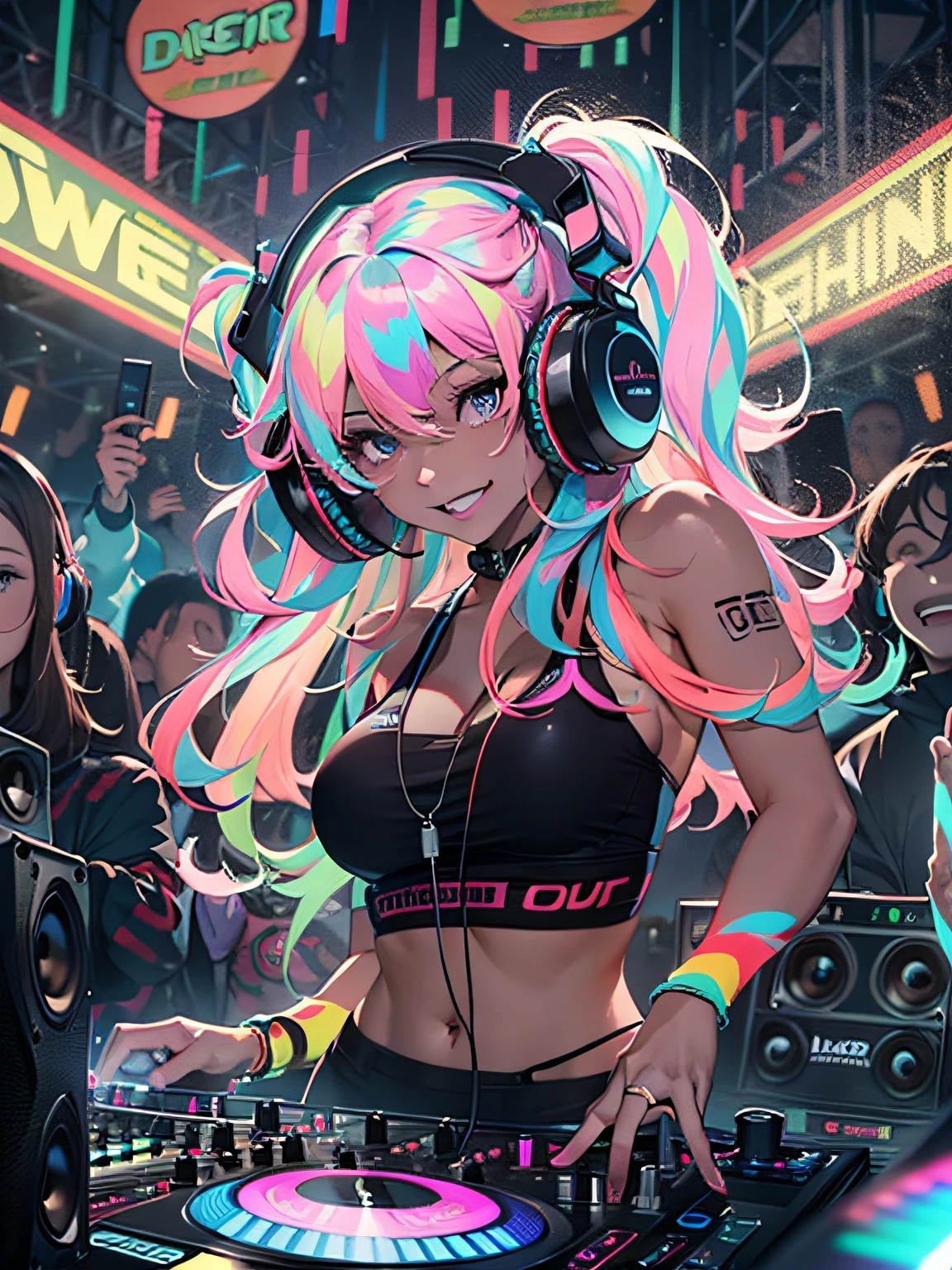 Anime girl dj with headphones and a microphone in front of a crowd - SeaArt  AI