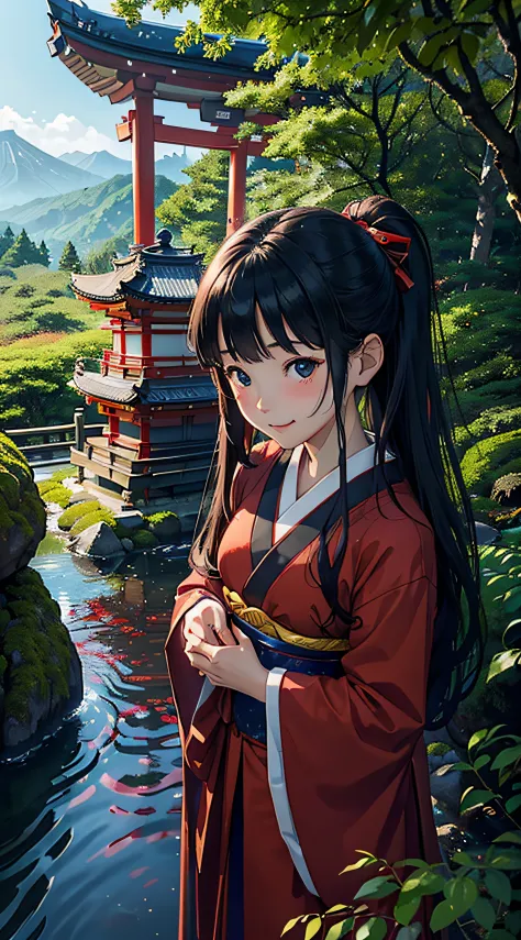 (Japan Beauty、shrine maiden、17 age、Beautuful Women:1.5、cute little、spotless):2、(Mountains、In the deep forest、mosses、moisture、disturbing atmosphere)、(Write、a smile、Slightly red cheeks)、shrines