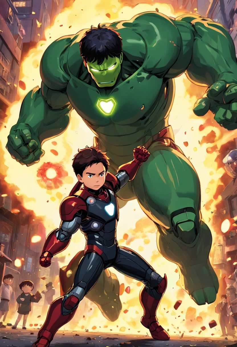 Kid in all black iron man suit, fighting the hulk