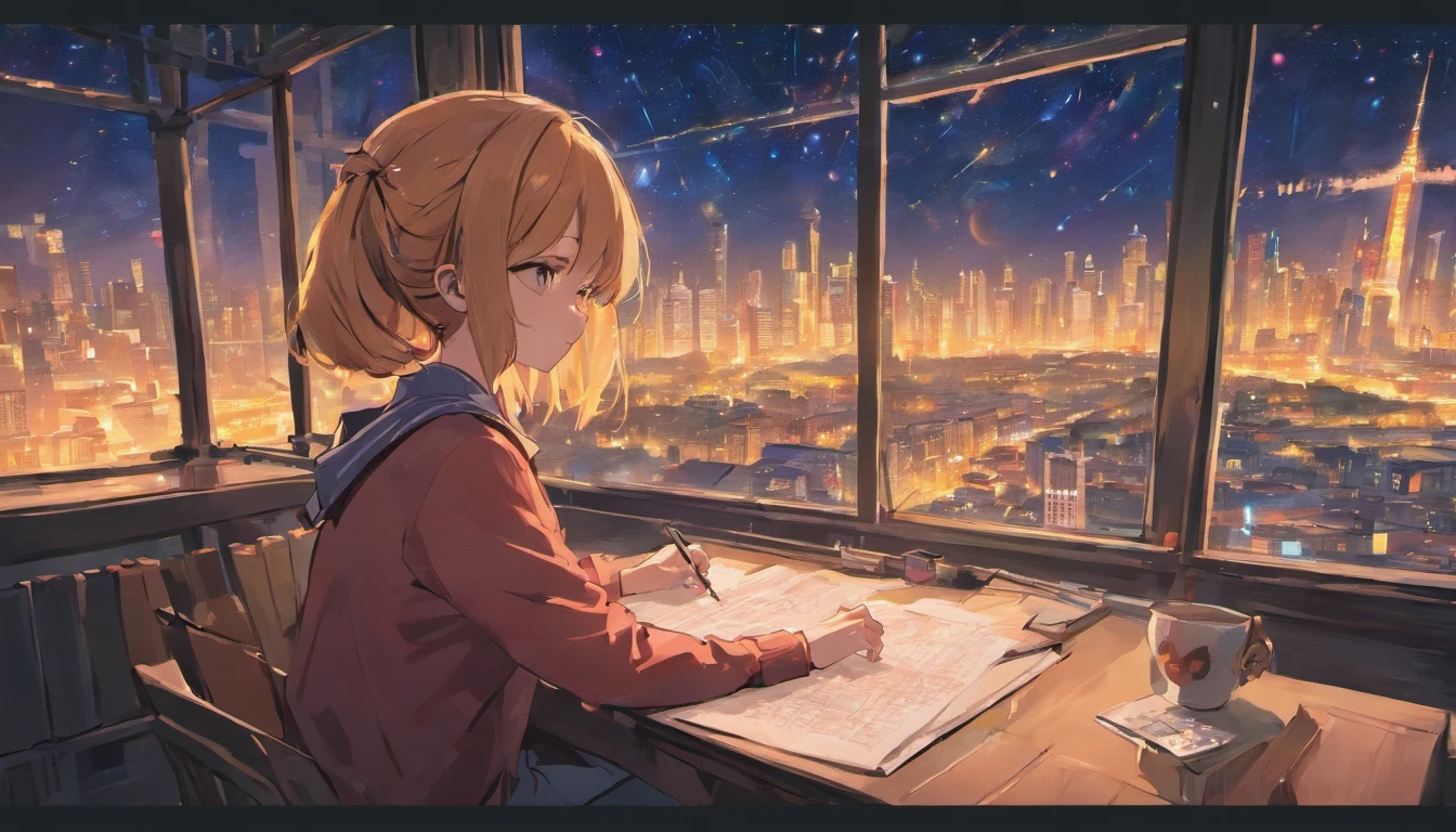 Anime girl writing in a window with a city view - SeaArt AI