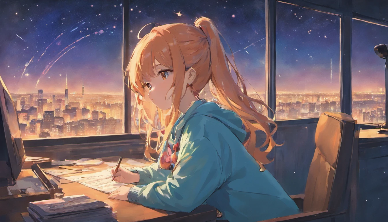 Anime girl sitting at a desk with a laptop and a city view - SeaArt AI