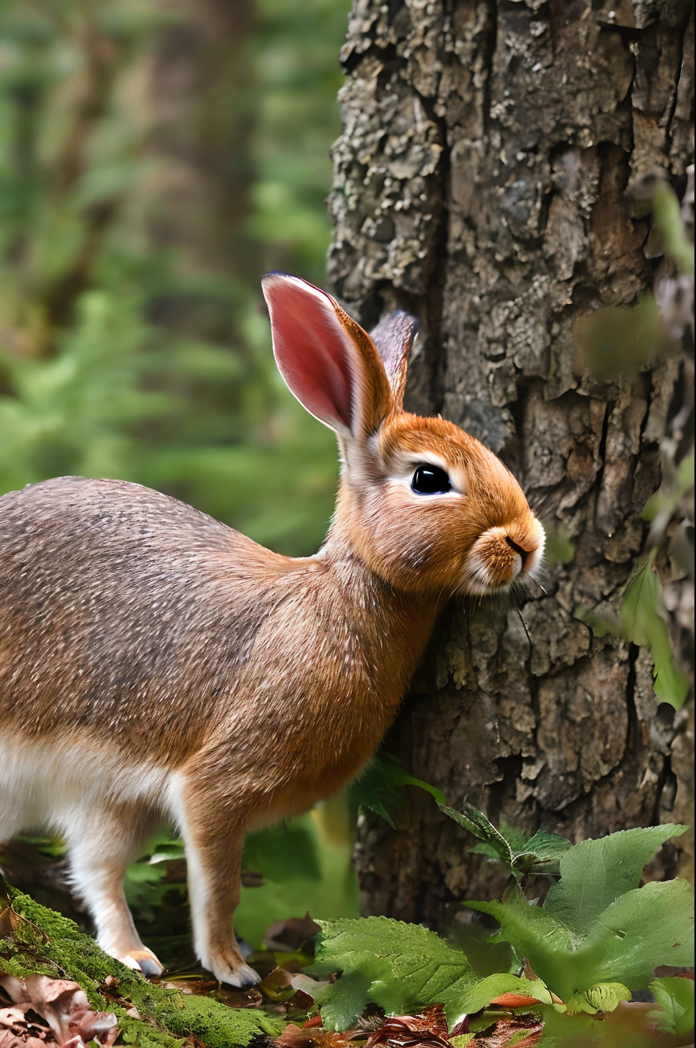 There is a small rabbit standing next to a tree in the woods - SeaArt AI