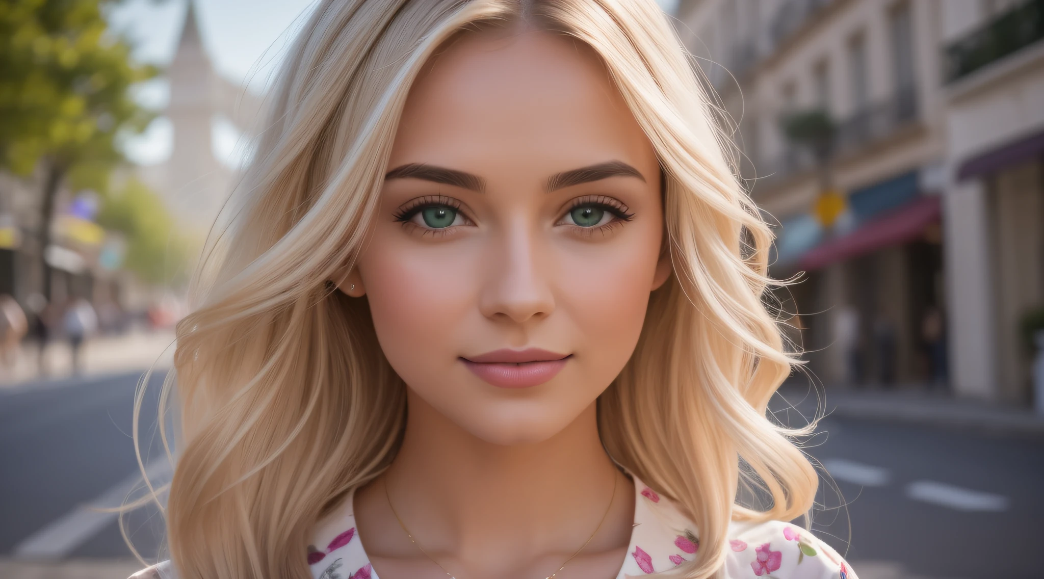 A close up of a woman with blonde hair and a necklace - SeaArt AI