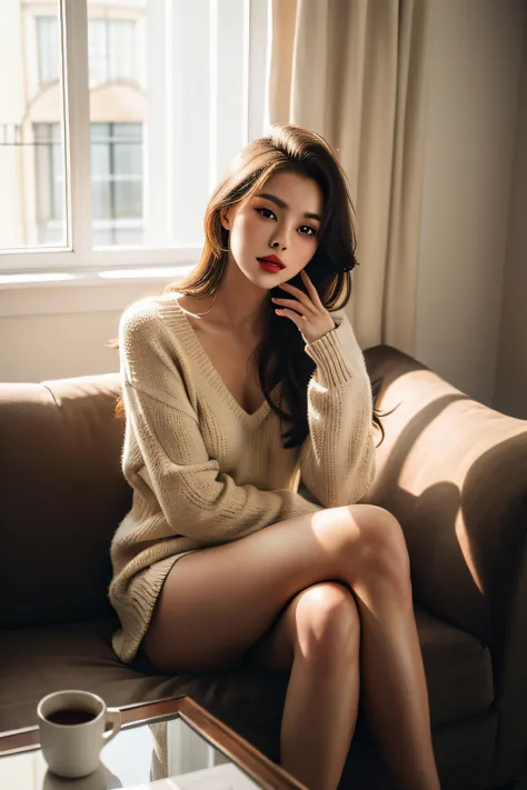 1girl,sitting on a cozy sofa,crossing legs,Soft light with beautiful red lips.