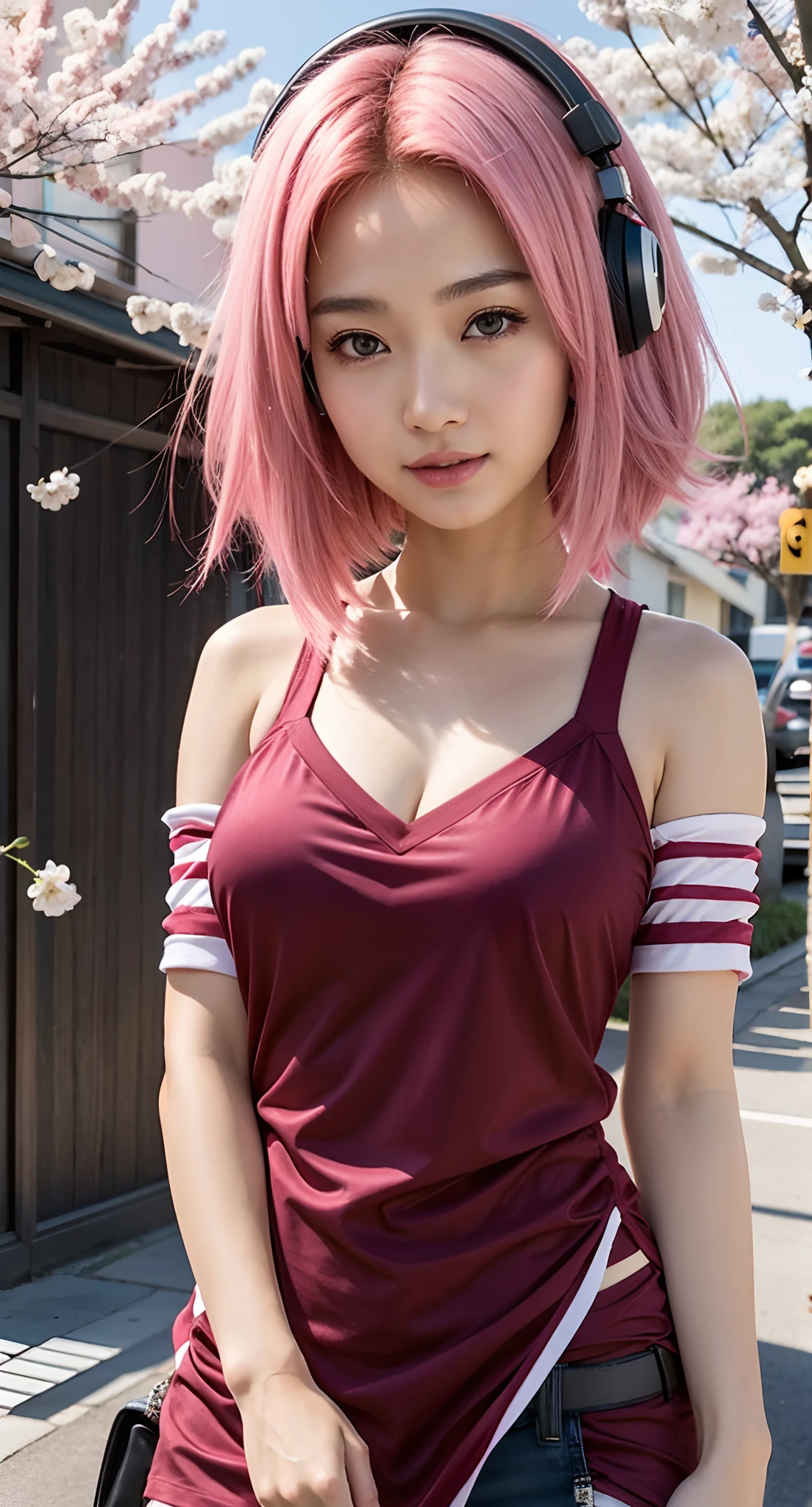 arafed asian woman with headphones and a maroon top, haruno sakura, anime girl in real life, sakura haruno, cute girl with short pink hair, ayaka cosplay, anime style mixed with fujifilm, anime inspired, anime girl cosplay, seductive anime girl, attractive anime girl, with pink hair, anime-style, anime girl , age 25 year old , huge boobs , big boobs milf