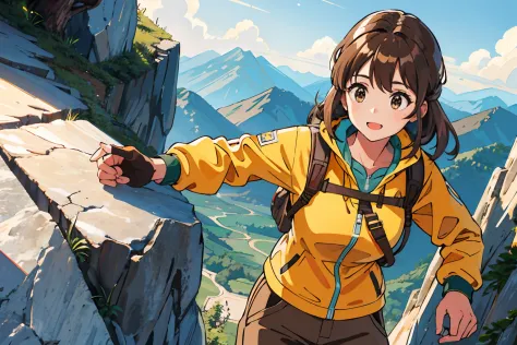 Beautiful 25 year old woman climbing a steep mountain, camera from above.  Anime style, highly detailed. - SeaArt AI