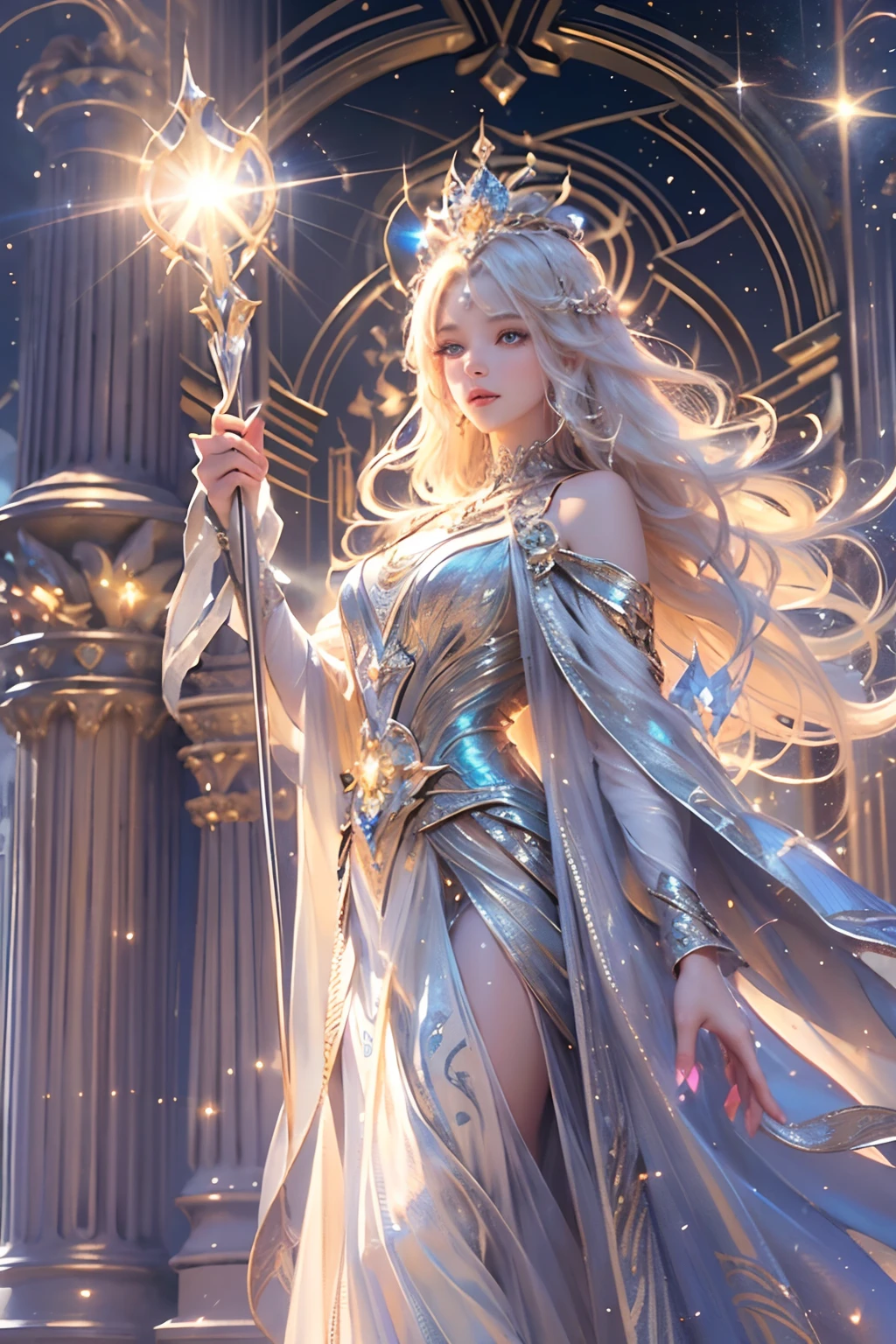 (Masterpiece, Best quality, Ultra-detailed 8K Cg Unity wallpaper), Luminous light goddess in full-body portrait, (body radiating brilliant glow:1.5), Ethereal presence, (Silky dress with ultra-detailed metallic patterns, Full-body view), Shimmering crystal jewelry, (Sharp eyeliner, Detailed eyes:1.1, Platinum blonde hair), (Royal crown:1.3, breathtakingly luxurious), Cosmic universe background , (Powerful sunbeam spotlighting her position), (Magical light effects), Holding light scepter gracefully, (divine light dominion:1.3), Stunning visuals, dramatic lighting, cinematic