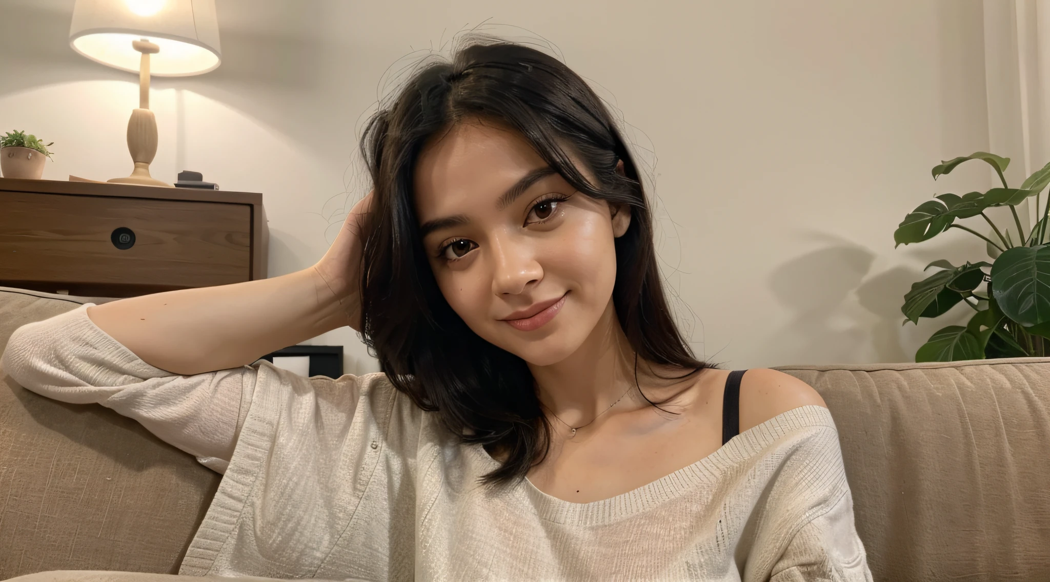 portrait of a cute influencer ,sitting in a living room black hair, sitting correctly , long eyelashes, upper body, solid circle eyes, small nose , light smile, facing viewer, drop shadow, 8k, super detail, best quality, 1080P, 1080P, 1080P, 4K, 8k, 16k, HD, 1080P