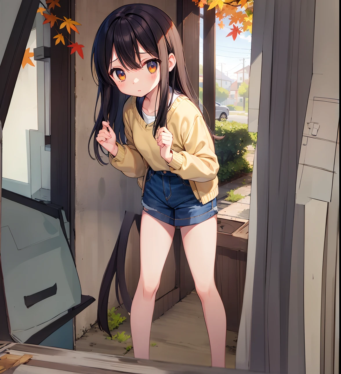 Anime girl in short shorts and jacket standing in front of a window -  SeaArt AI