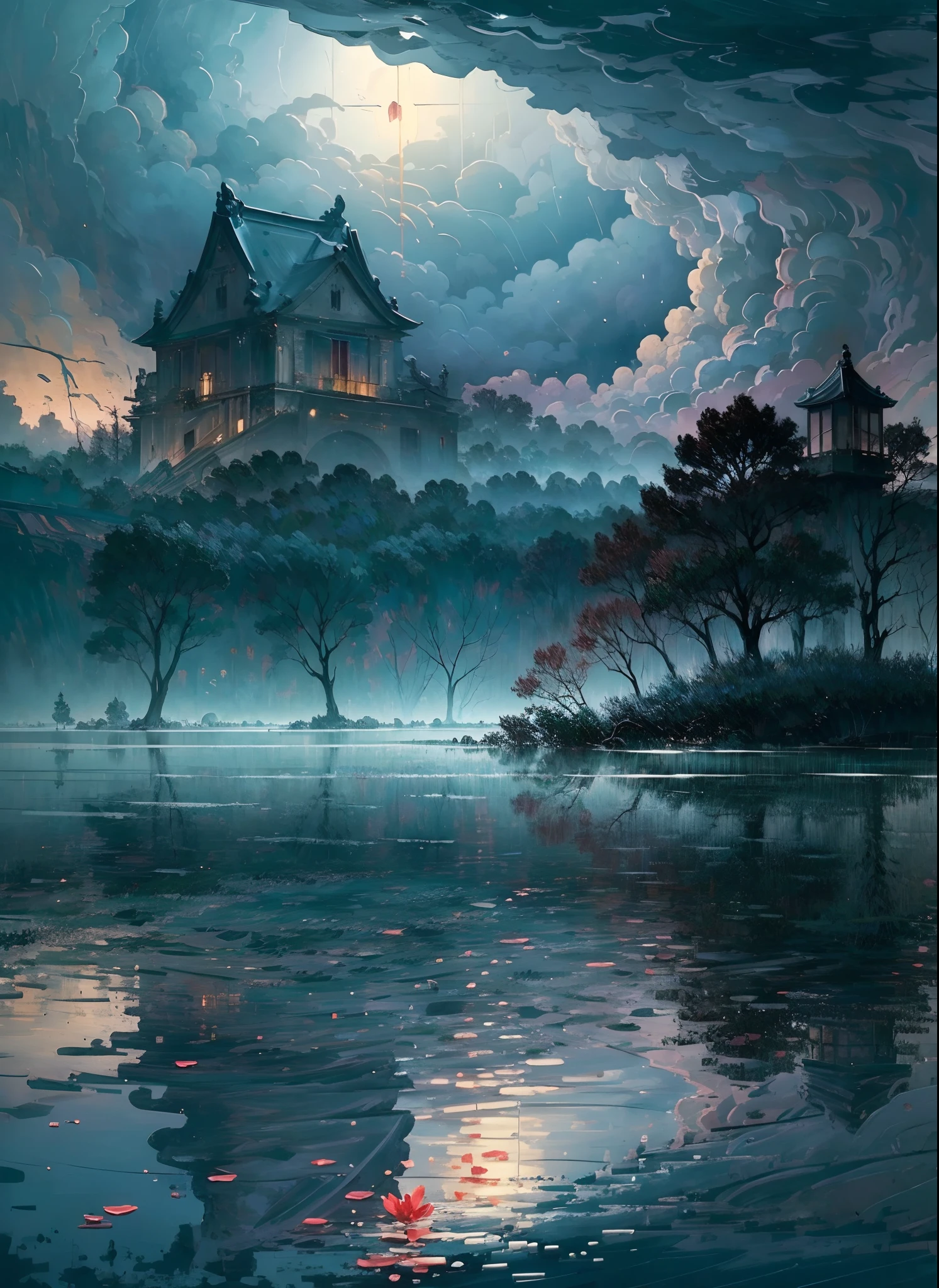Best quality,4K,8K,A high resolution,Masterpiece:1.2,Ultra-detailed,Realistic,Photorealistic:1.37,landscape,Monet,Impresionismo,flood,illuminations,Japan culture,disaster,heavy rain,Dark clouds,Gloomy atmosphere,Flooded rivers,damaged buildings,Desolate streets,Soaked landscape,Ripple water reflection,Waterlogged trees,Moody lighting,Brush Strokes,A peaceful garden with cherry blossoms,Sparse cherry petals,floating debris,Turbulent waves,ominous storm clouds,Subtle color palette,Soft lighting,Sinister emotions,Crumbling building,Abandoned temple,Unforgettable scenery,A mysterious mist shrouded the scene,Ominous silence,Breathtaking but melancholic scene,The juxtaposition of natural beauty and destruction,The  figure stood in the chaos,Think about the power of nature,A charming blend of tranquility and chaos,Visually striking and emotionally evocative artwork,Showcasing the delicate balance between man and nature,Convey a feeling of wonder and awe.