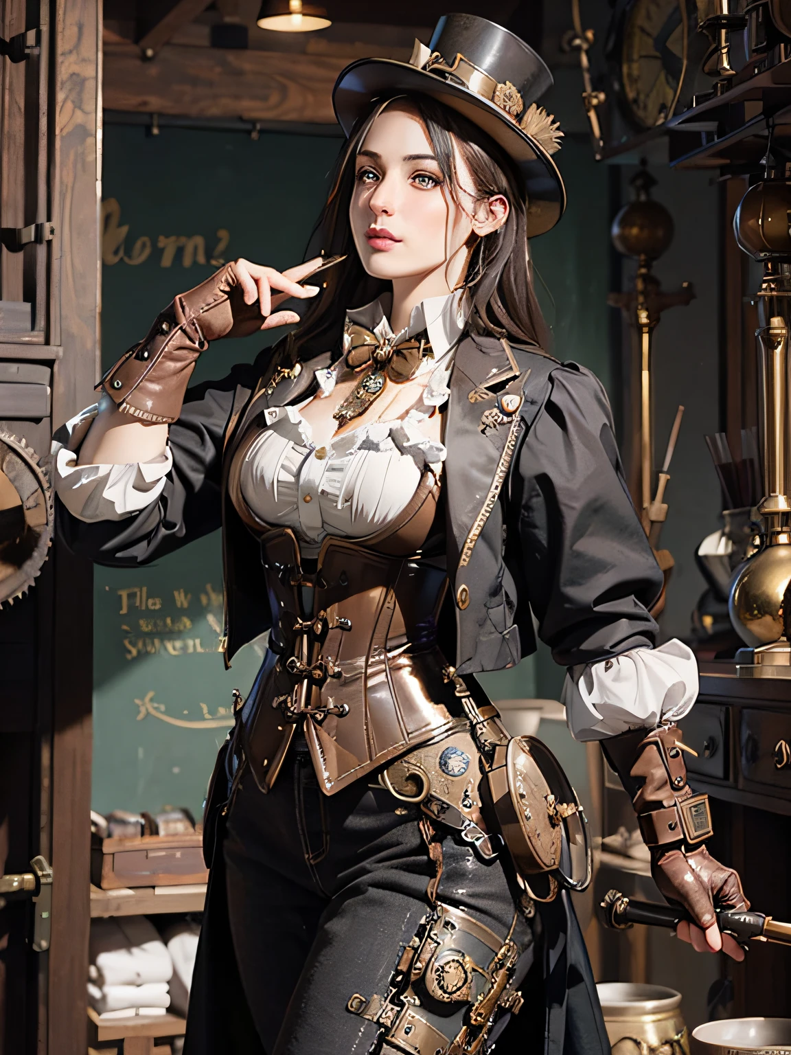 (Victorian steampunk theme,Victorian steampunk style),Extremely detailed, Best Quality, Ultra-realistic,hight resolution, Dynamic Angle, Dynamic Pose, (1girl in), Glass Goggles, Leather gloves, brass buttons, waistcoat, corsets, Top hat, Mechanical arm, Brass Watches, Complex clockwork, gear wheel, Steam engine, Vintage Machinery, Dirty and worn, Sepia tone.