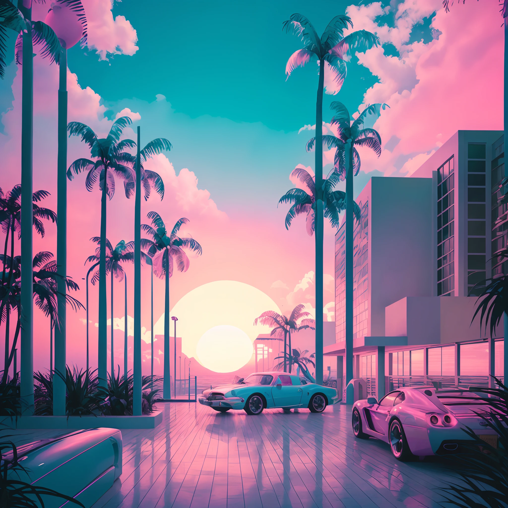 vaporwave, big lebowski, miami vice suit, colorful, neon lights, 80s, retro, dreamy, surreal, digital art, glitch effect, pastel colors, palm trees, beach, sunglasses, aesthetic, sunset, leisure, laid-back vibe, cool, confident, detailed face, recognizable eyes and mustache, relaxed posture, white russian, bowling ball, cassette tapes, vintage cars, synthesizer music, art deco architecture, 4k resolution, high contrast, vibrant colors, hazy atmosphere, beachfront property, luxury lifestyle, party scene.