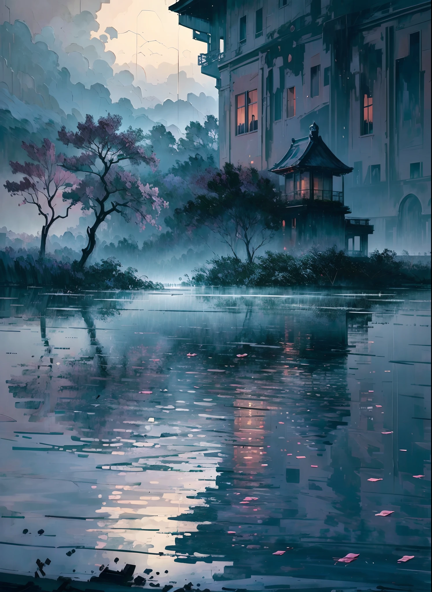 Best quality,4K,8K,A high resolution,Masterpiece:1.2,Ultra-detailed,Realistic,Photorealistic:1.37,landscape,Monet,Impresionismo,flood,illuminations,Japan culture,disaster,heavy rain,Dark clouds,Gloomy atmosphere,Flooded rivers,damaged buildings,Desolate streets,Soaked landscape,Ripple water reflection,Waterlogged trees,Moody lighting,Brush Strokes,A peaceful garden with cherry blossoms,Sparse cherry petals,floating debris,Turbulent waves,ominous storm clouds,Subtle color palette,Soft lighting,Sinister emotions,Crumbling building,Abandoned temple,Unforgettable scenery,A mysterious mist shrouded the scene,Ominous silence,Breathtaking but melancholic scene,The juxtaposition of natural beauty and destruction,The  figure stood in the chaos,Think about the power of nature,A charming blend of tranquility and chaos,Visually striking and emotionally evocative artwork,Showcasing the delicate balance between man and nature,Convey a feeling of wonder and awe.