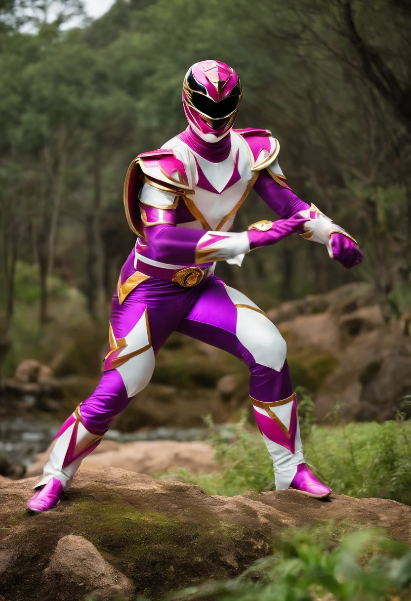 Araffe power ranger in purple and white costume standing on a rock - SeaArt  AI