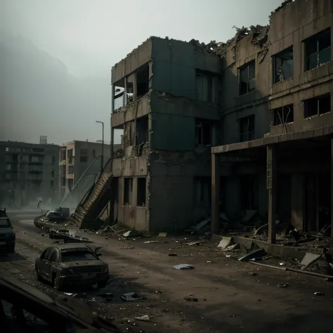 a post-apocalyptic scenario full of dead people, decaying buildings, desolate streets, wreckage, scattered items, abandoned vehicles, eerie silence, toxic atmosphere, ruins, overgrown vegetation, crumbling infrastructure, hauntingly beautiful landscapes, h...