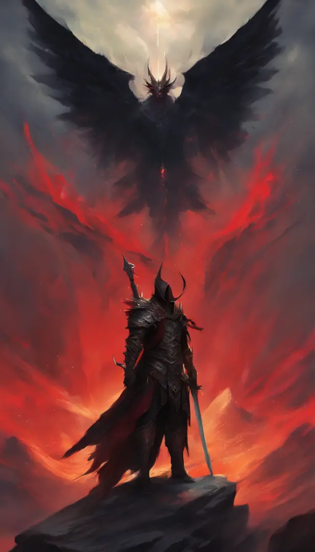(Detailed black demonic great sword style similar to Nanatsu no Taizai with red details),oil painting,Dark and atmospheric,Ominous clouds,Alto contraste,sombras fortes,master part:1.2,vivid colors,armaduras e armas detalhadas，cores intensas,abstract backgr...