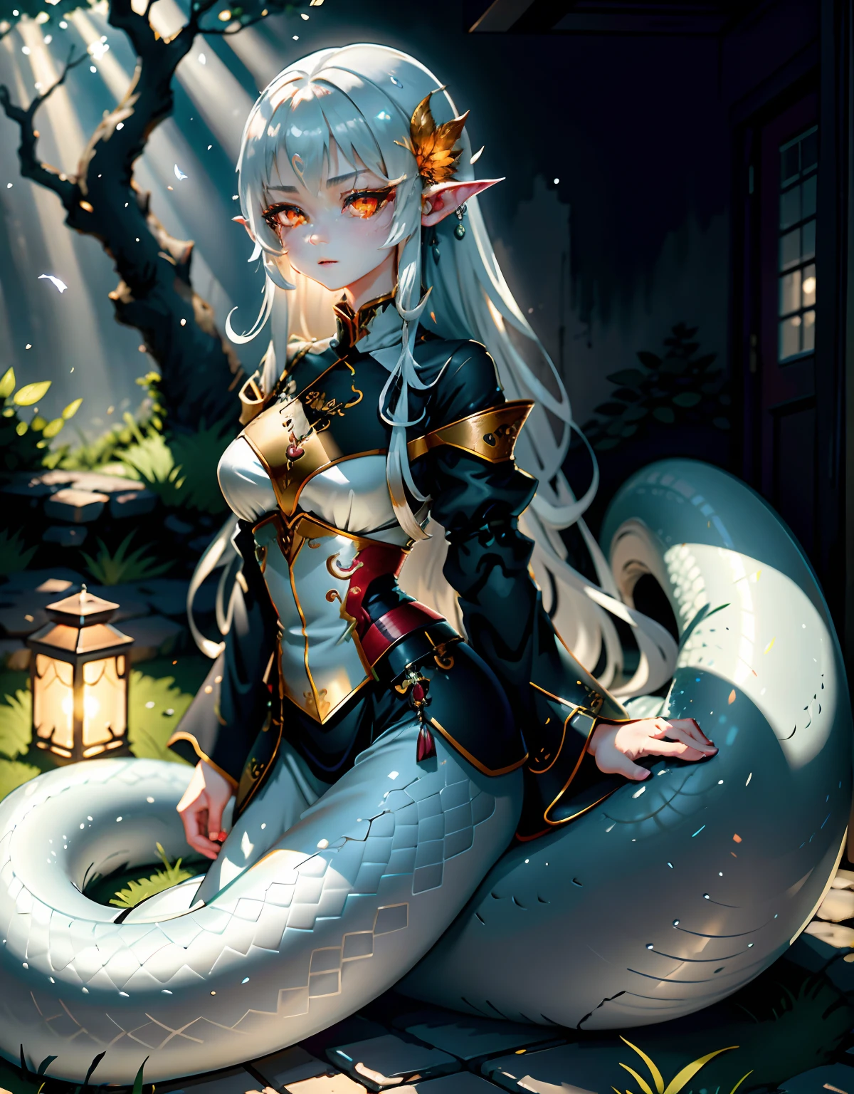 Detailed snakeskin， （AS-Adult）， Individual focus， （lamia）， stoic， monstergirl， ， beautidful eyes， beatiful background， abandoned cottage， ln the forest， light particules， suns rays， dramatic  lighting， Do lado de fora， grassy， leafs， Shiny （yellow， Red Jewel， White gradient：1.5）， Realistic， tmasterpiece， best qualtiy， ultra - detailed， A detailed， scenecy， Beautiful and delicate eyes， Detailed gray hair，beautiful red eye