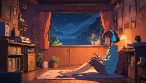 밤에 아늑한 방에서 음악을 듣는 소녀, 헤드폰 사용, 2D 애니메이션 스타일, 로파이, 하드 디스크 - SeaArt AI