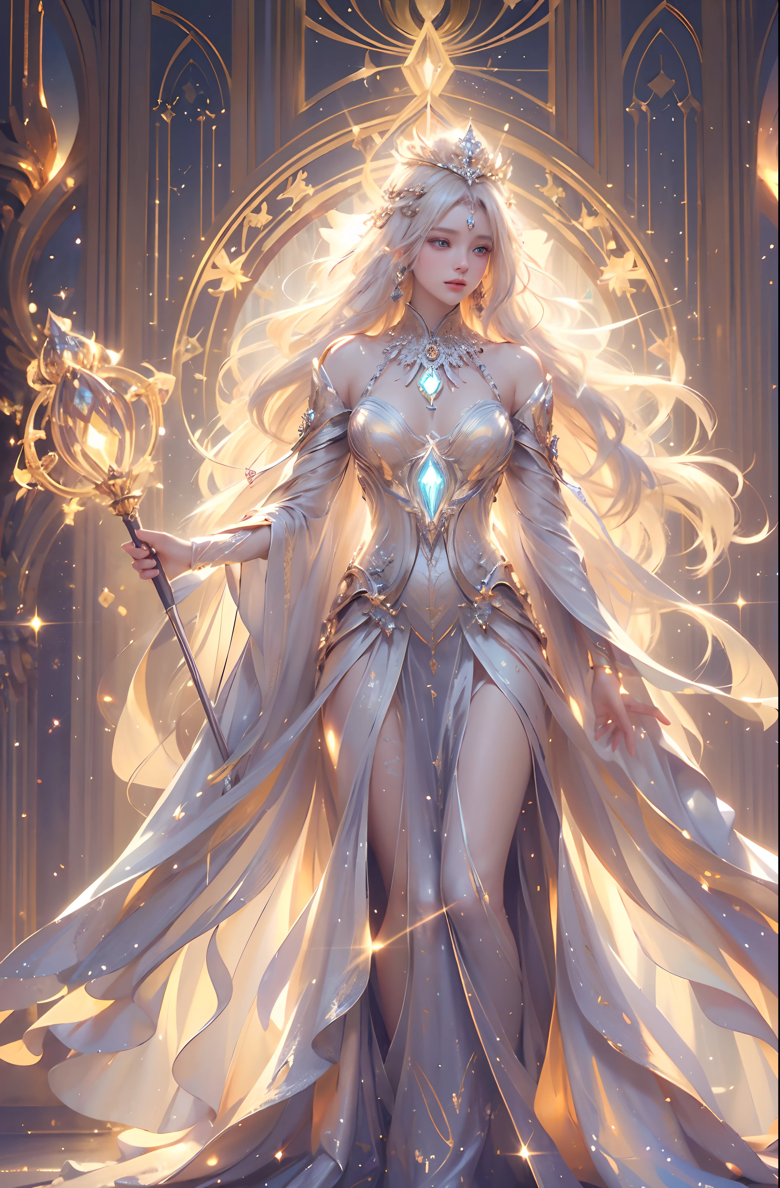 (Masterpiece, Best quality, Ultra-detailed 8K Cg Unity wallpaper), Luminous light goddess in full-body portrait, (body radiating brilliant glow:1.5), Ethereal presence, (Silky dress with ultra-detailed metallic patterns, Full-body view), Shimmering crystal jewelry, (Sharp eyeliner, Detailed eyes:1.1, Platinum blonde hair), (Royal crown:1.3, breathtakingly luxurious), Cosmic universe background , (Powerful sunbeam spotlighting her position), (Magical light effects), Holding light scepter gracefully, (divine light dominion:1.3), Stunning visuals, dramatic lighting, cinematic