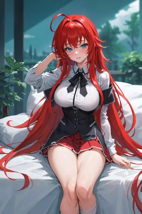 masterpiece, best quality, highres, best quality, highres, rias gremory, 1girl, long hair, school uniform, red hair, ahoge, blue eyes, large breasts, very long hair, breasts, skirt, huge ahoge, socks,NSFW,official art,extremely detailed CG unity 8k wallpap...