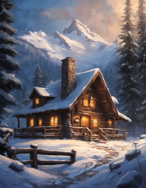 A secluded mountain cabin, nestled amidst towering peaks, surrounded by pristine snow. Smoke gently rises from the chimney, and ...
