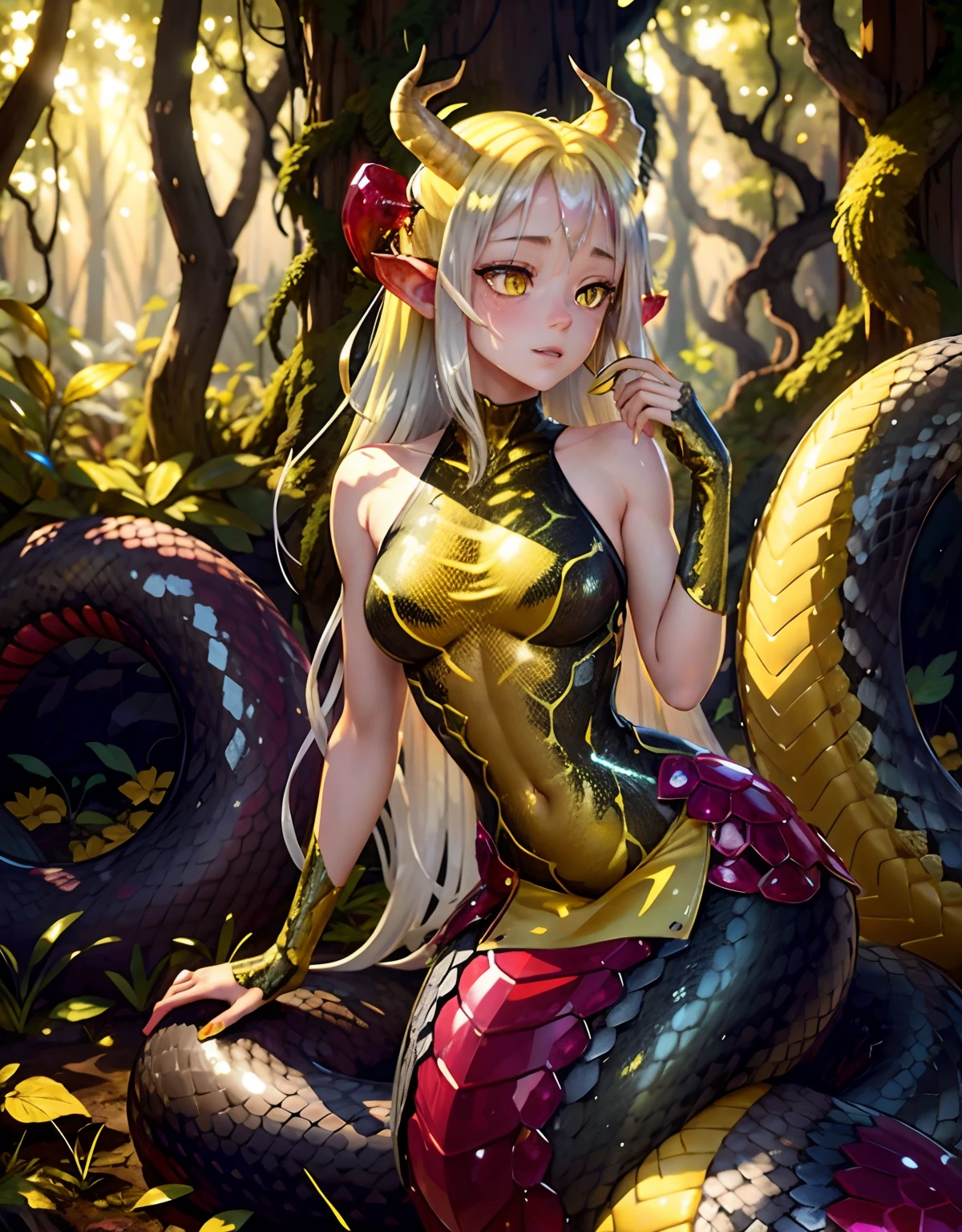 detailed snake skin, (Adult ), solo focus, (lamia), stoic, monster girl, (short horns), beautiful eyes, beautiful background, abandoned cabin, forest, light particles, sun rays, dramatic lighting, outside, grass, leaves, shiny (yellow, ruby, sliver gradient:1.5), realistic, masterpiece, best quality, ultra-detailed, detailed, scenery, beautiful detailed eyes, detailed blonde hair
