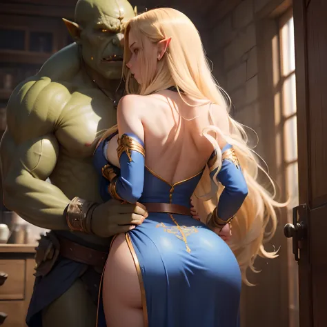 Outraged 20-year-old blonde elf girl with long wavy hair and blue eyes, in a blue dress with gold embroidery. 1 orc, green skin, in leather clothes. An argument with an orc in the office. The orc molests her and grabs her by the waist, She breaks free from...