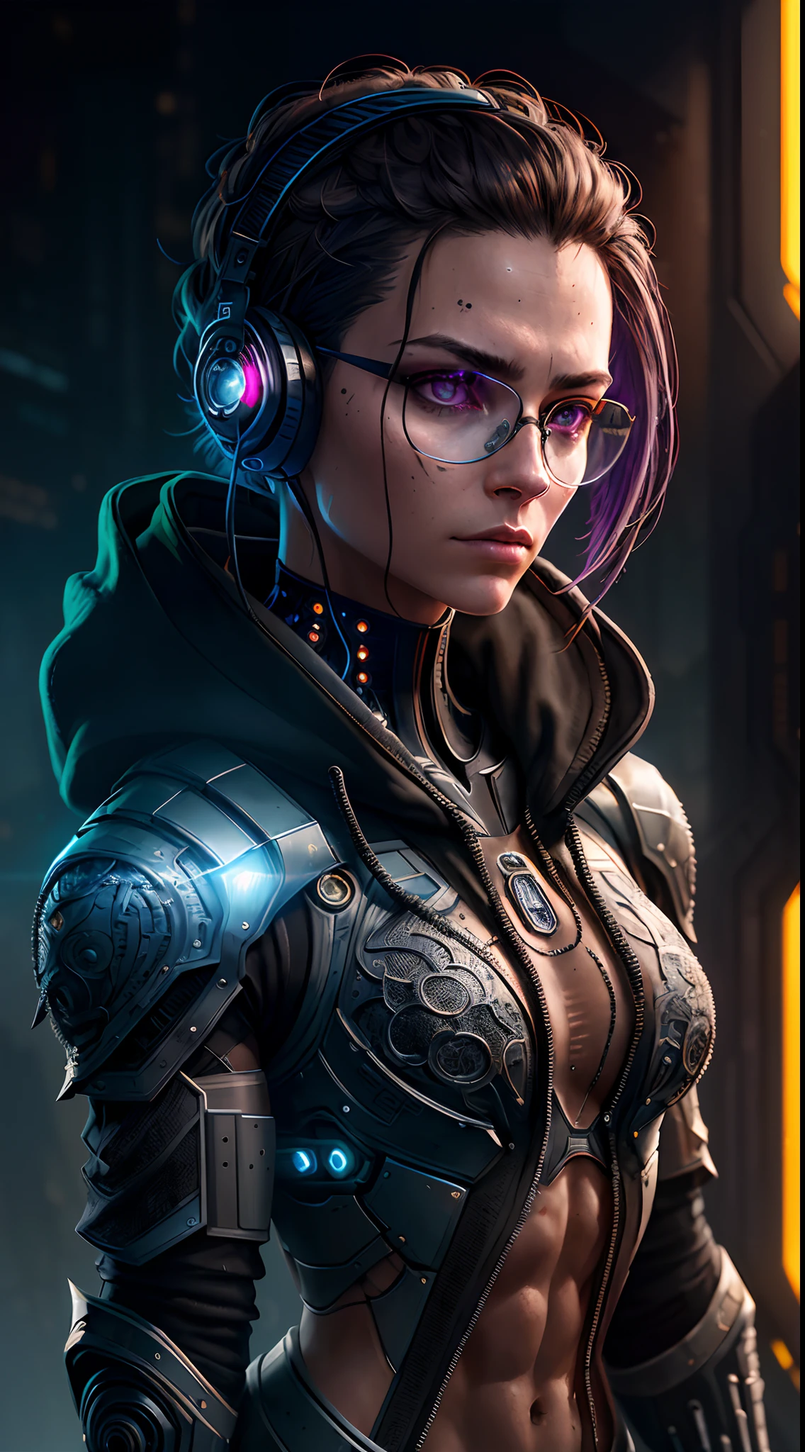 encré, Photo portrait primée d&#39;une femme chevalier futuriste, poitrine naturelle parfaite, Corps musclé, Lunettes, écouteurs,porter un streetwear complexe cyberpunk, sweat à capuche noir, (rétroéclairage:1.3), peinture numérique, art conceptuel, lisse, netteté, Règle des tiers, détails complexes, Coup moyen, (Faible profondeur de champ:1.1), by sandra chevrier, Style-Psycho