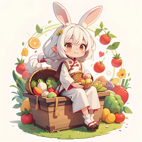 Rabbit salesman（White hair）（Long ears）（Chinese style clothes）（A half body），There are a lot of vegetables, fruits and food in the...