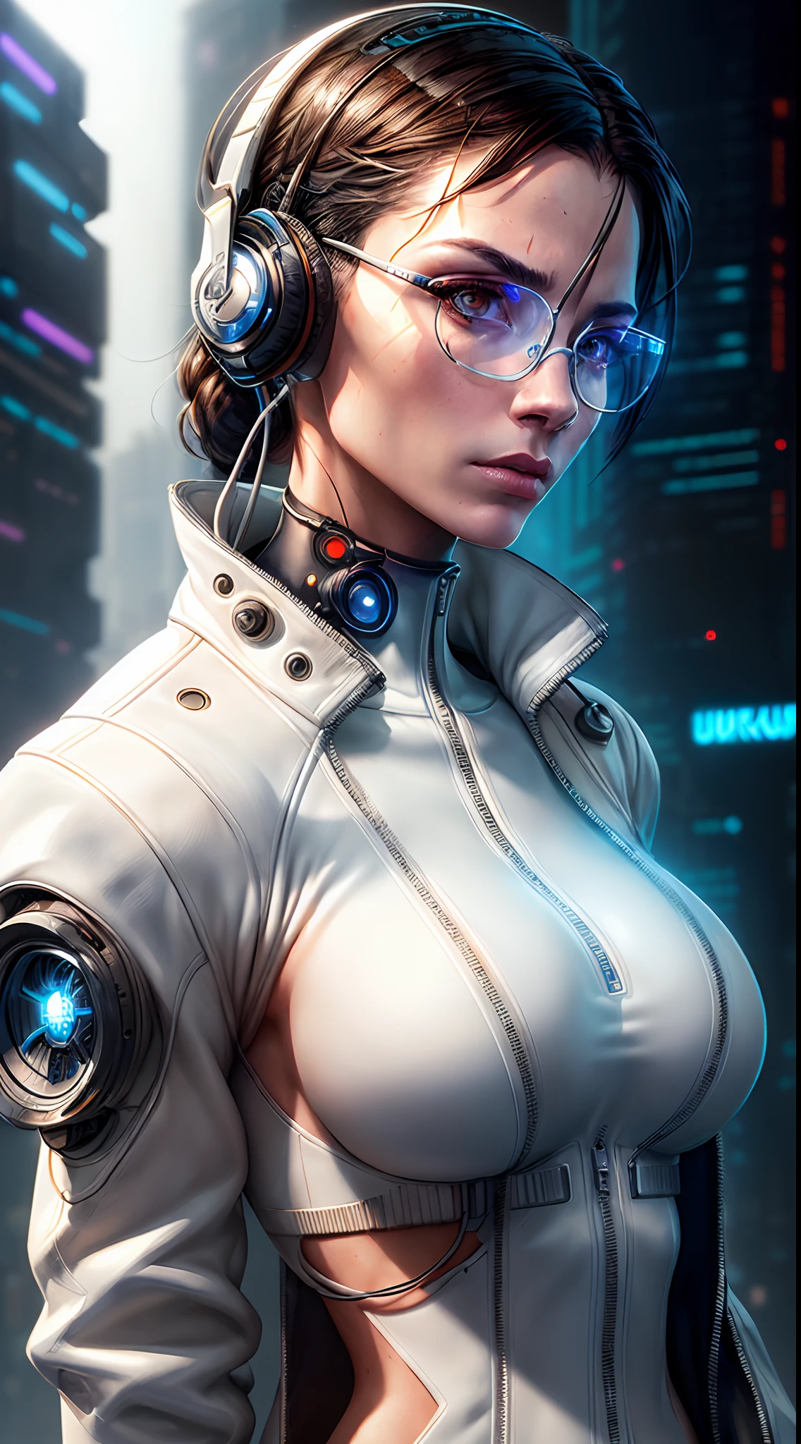 entintado, Foto de retrato galardonada de una caballero futurista, ((pecho perfecto natural)), cuerpo musculoso, ((anteojos)), ((Auriculares)),((vistiendo una chaqueta blanca cyberpunk)),, (contraluz:1.3), pintura digital, Arte conceptual, Liso, enfoque nítido, Regla de los tercios, detalles intrincados, tiro medio, (poca profundidad de campo:1.1), por Sandra Chevrier, Estilo-Psicosis