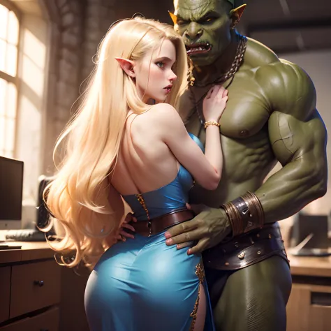 Outraged 20-year-old blonde elf girl with long wavy hair and blue eyes, in a blue dress with gold embroidery. 1 orc, green skin, in leather clothes. An argument with an orc in the office. The orc grabs her by the waist.  delicate detail. ultra details. hig...