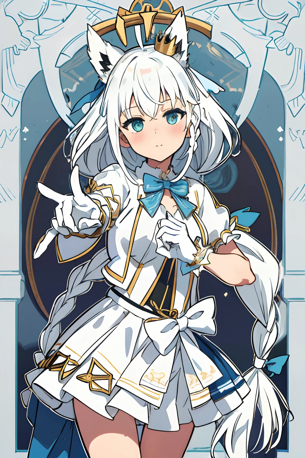 masterpiece, (absurdres, highres, ultra detailed),fubukiidol, twin braids, hololive idol uniform, layered skirt, white gloves, mini crown, blue bowtie, bow, white hair, single side braid, \tarot\, Symbolism, Visual art, Occult, Universal, Vision casting, Philosophical, Iconography, Numerology, Popularity, Artistic, Alfons Mucha