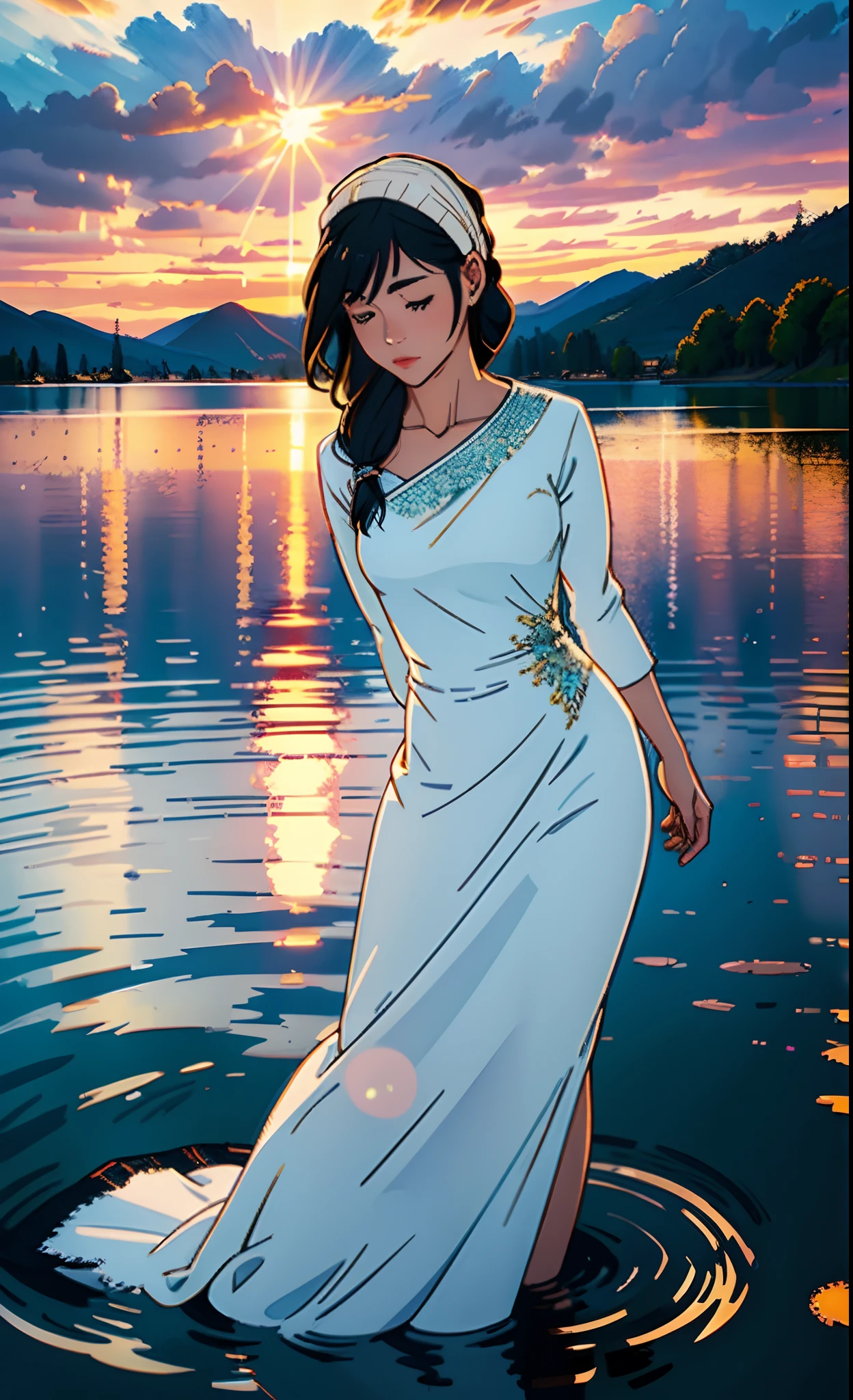 1 girl, serene expression, mesmerizing eyes, straight long hair, flowing dress, poised posture, porcelain skin, subtle blush, crystal pendant
BREAK
golden hour, (rim lighting):1.2, warm tones, sun flare, soft shadows, vibrant colors, painterly effect, dreamy atmosphere
BREAK
scenic lake, distant mountains, willow tree, calm water, reflection, sunlit clouds, peaceful ambiance, idyllic sunset, ultra detailed, official art, unity 8k wallpaper
, zentangle, mandala