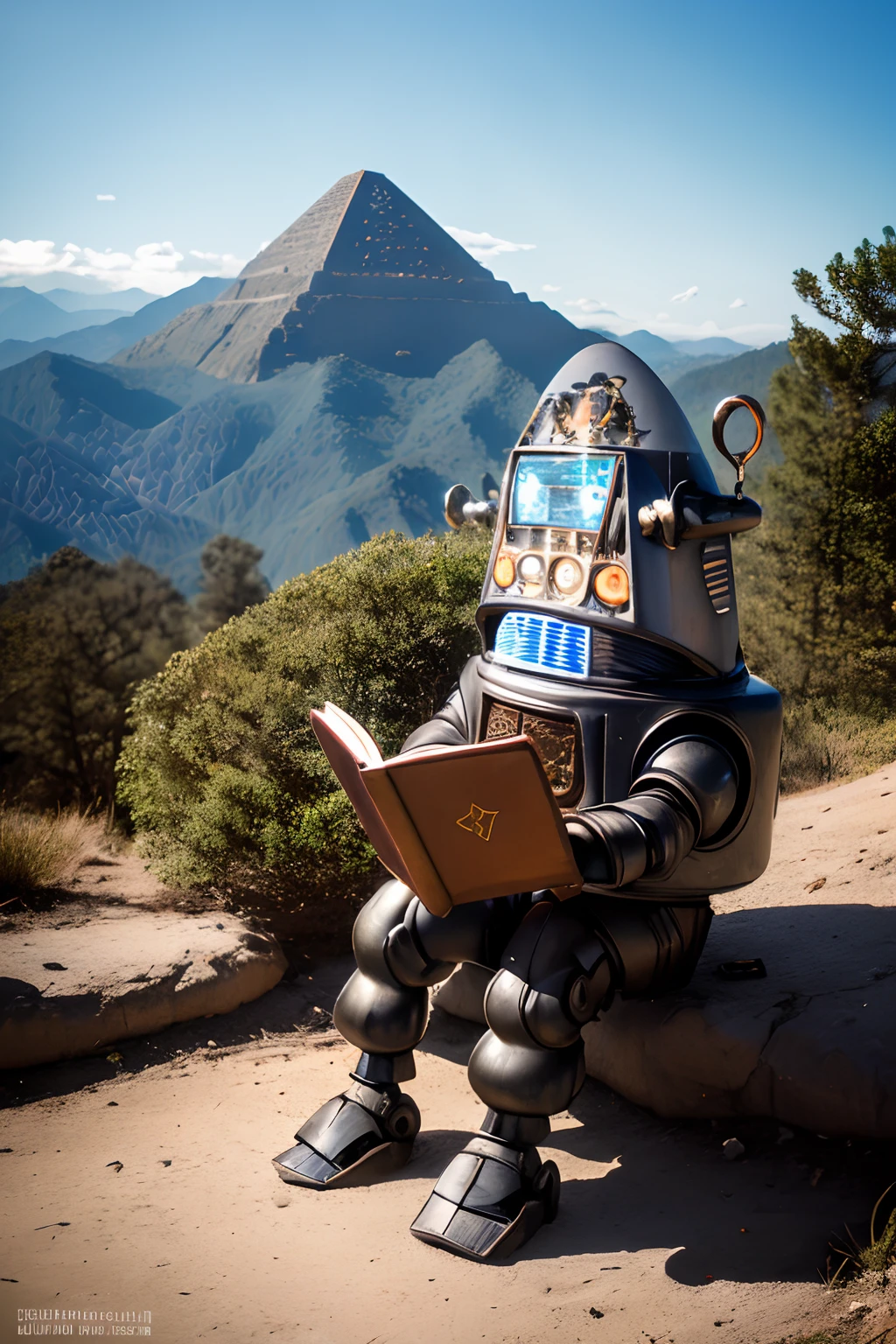 Pequeno e simpático andróide em metal envelhecido, metal marrom enferrujado, luzes brilhantes, O robô está lendo um livro no sopé de uma montanha cercada por floresta e ao fundo há uma pirâmide inca gigante.