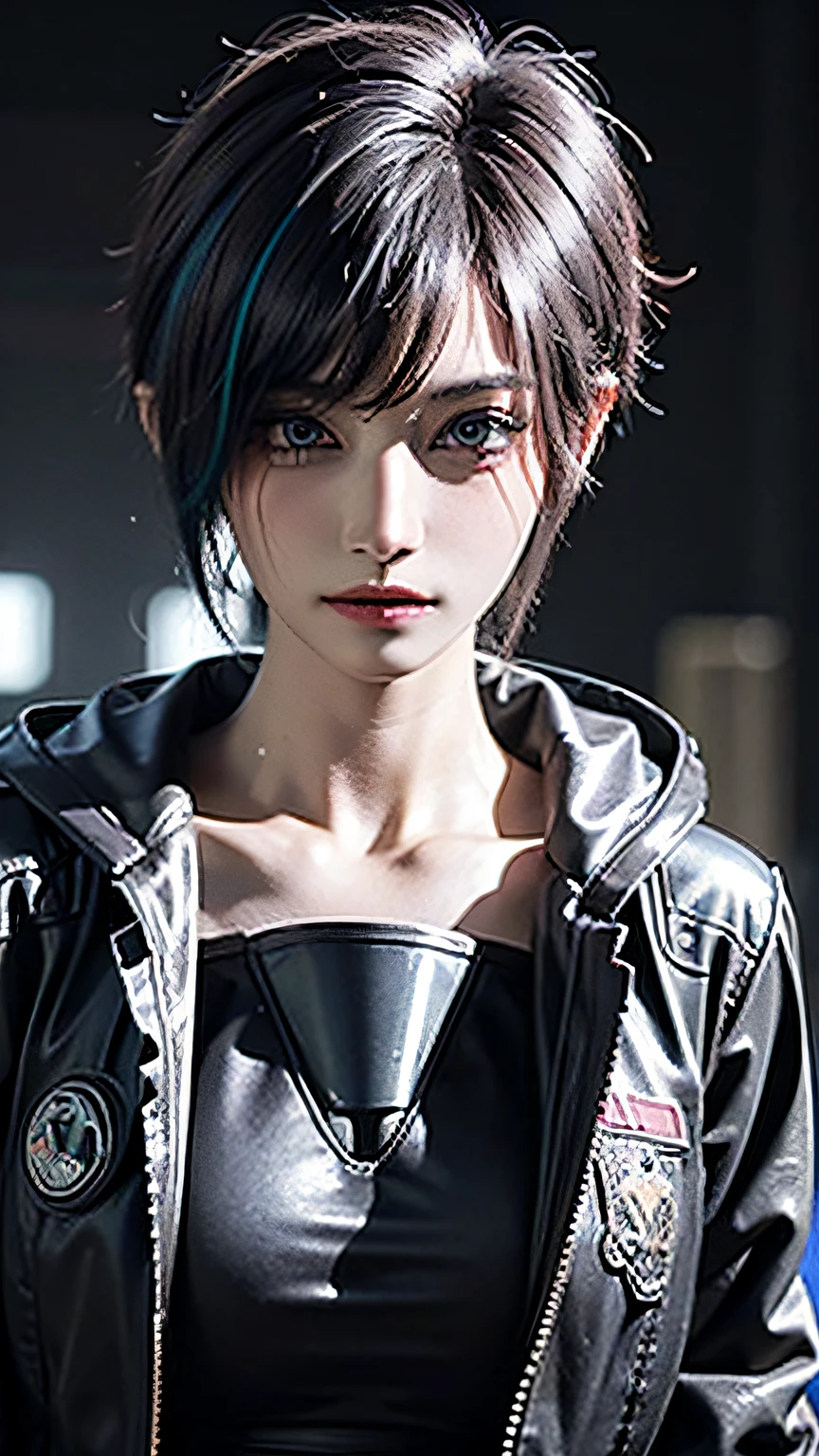 ((Best quality)), ((masterpiece)), (highly detailed:1.3), 3D, beautiful (cyberpunk:1.3) hacker woman with colored hair, black clothes looking at camera