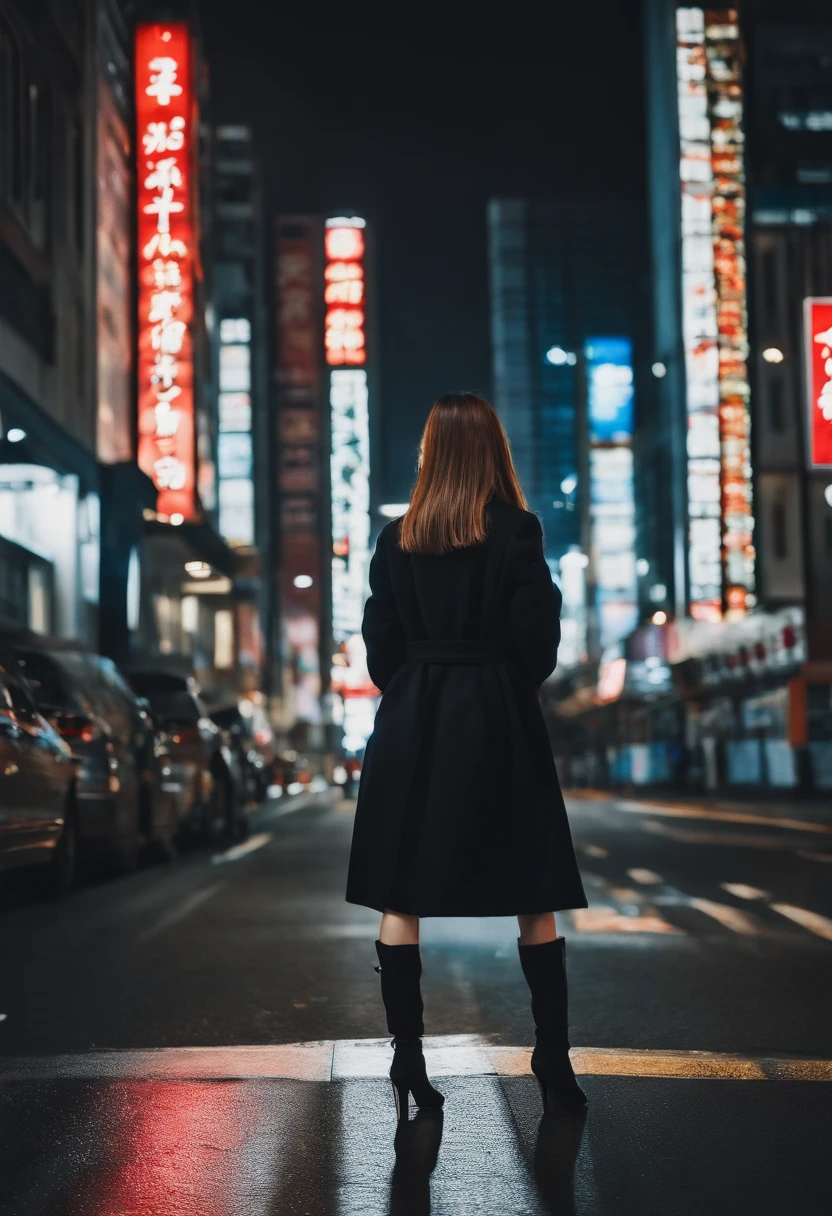 Femme en manteau noir debout au coin de la rue la nuit - SeaArt AI