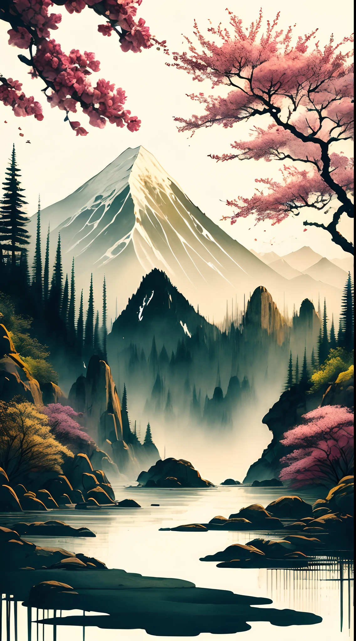 白色の背景, 景色, インク, 山々, 水, 木