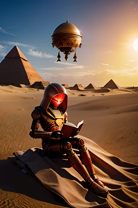Robot in aged red metal, metal marrom enferrujado, luzes brilhantes, The robot is reading a book at the foot of a dune and in th...
