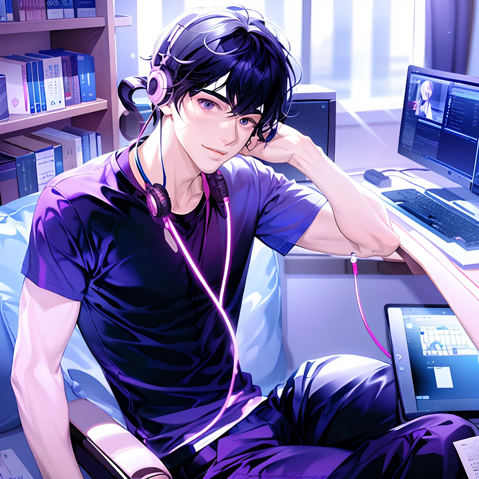 Anime man sitting in a chair with headphones and laptop, digital anime illustration, Handsome Anime Pose, Smooth Anime CG Art, anime handsome guy, young anime man, With headphones, kawacy, digital anime art, ig studios anime style, High quality anime art style, anime moe art style, digital art on pixiv, painted in anime painter studio