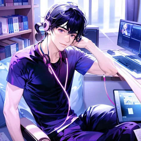 Anime man sitting in a chair with headphones and laptop, digital anime illustration, Handsome Anime Pose, Smooth Anime CG Art, a...