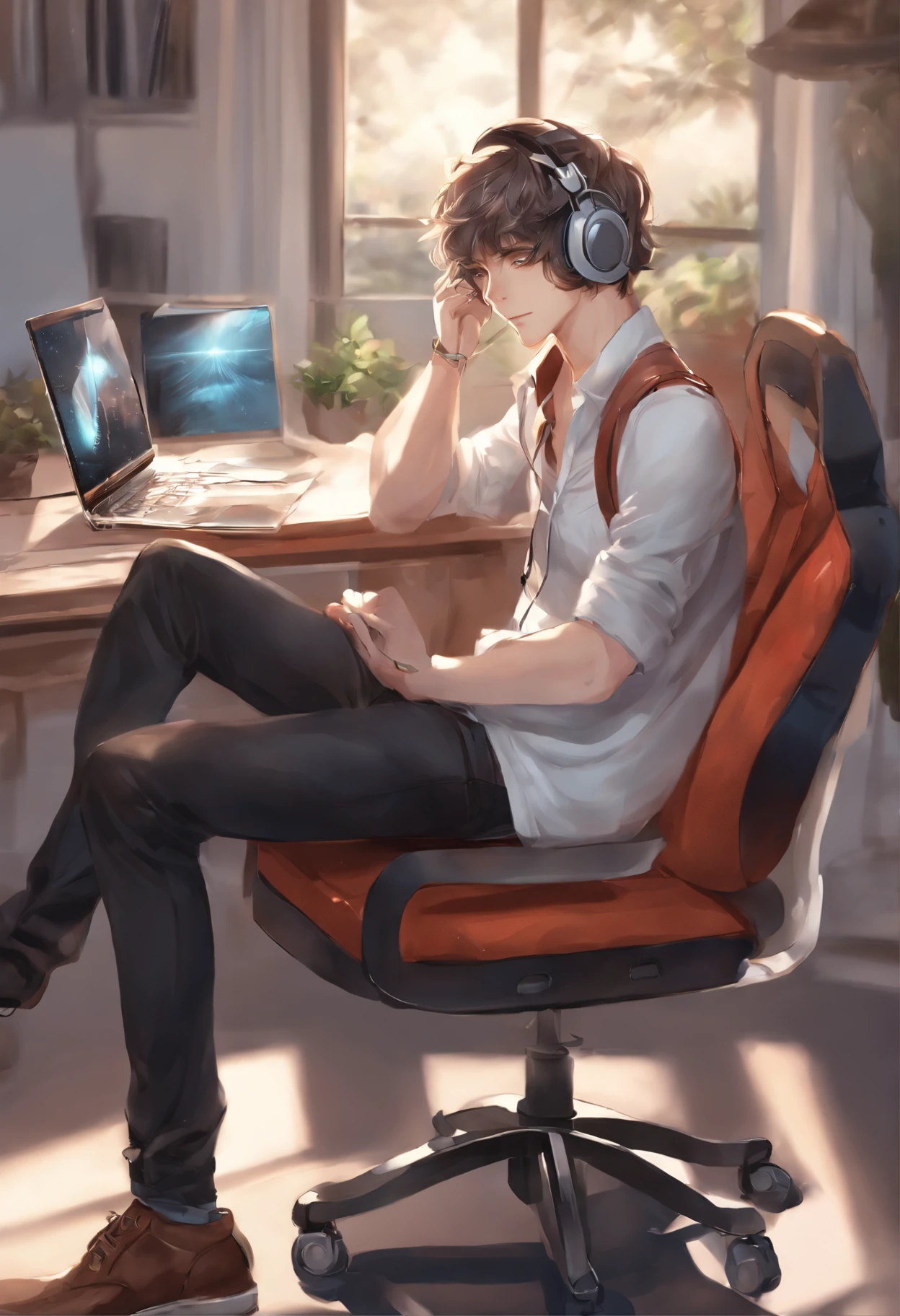 Anime boy sitting in a chair with headphones on and a laptop - SeaArt AI