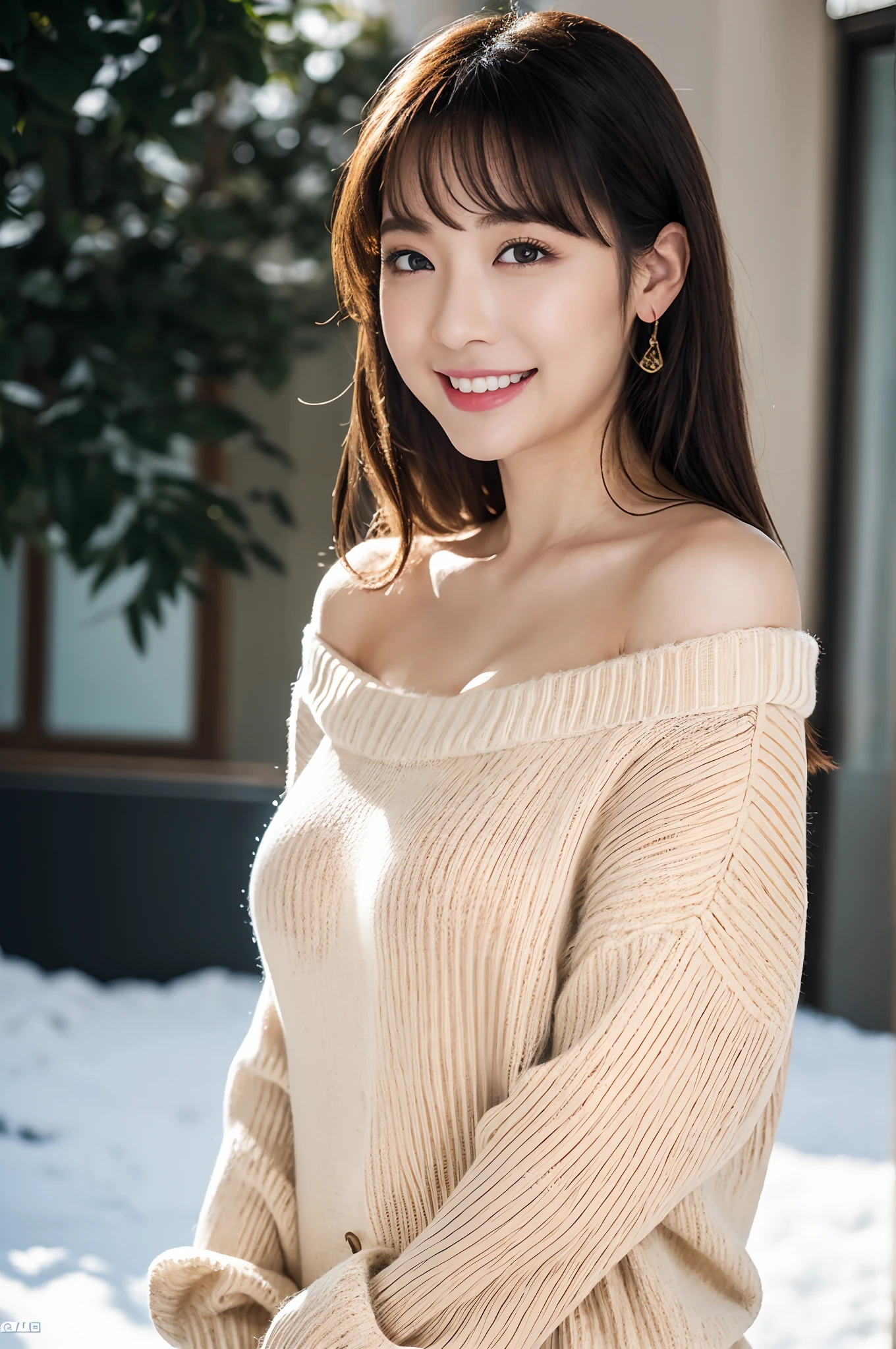 Winter scene、Snow sliding、snowfall、((Colorful oversized sweaters、bound legs))、depth of fields，Real light，Ray traching，OC renderer，UE5 renderer，Hyper-realistic，best qualtiy，8K，Works of masters，super-fine，Correct anatomy、Asian women, (8K、RAW photos、top-quality、tmasterpiece:1.2)、(hentail realism、Photorealsitic:1.37)、Solo、25 age old、1 rapariga、Light brown hair、详细的脸、Detailed lips、detailedeyes、(huge-breasted:1.5)、Allafard woman、Smile、broad shoulder、