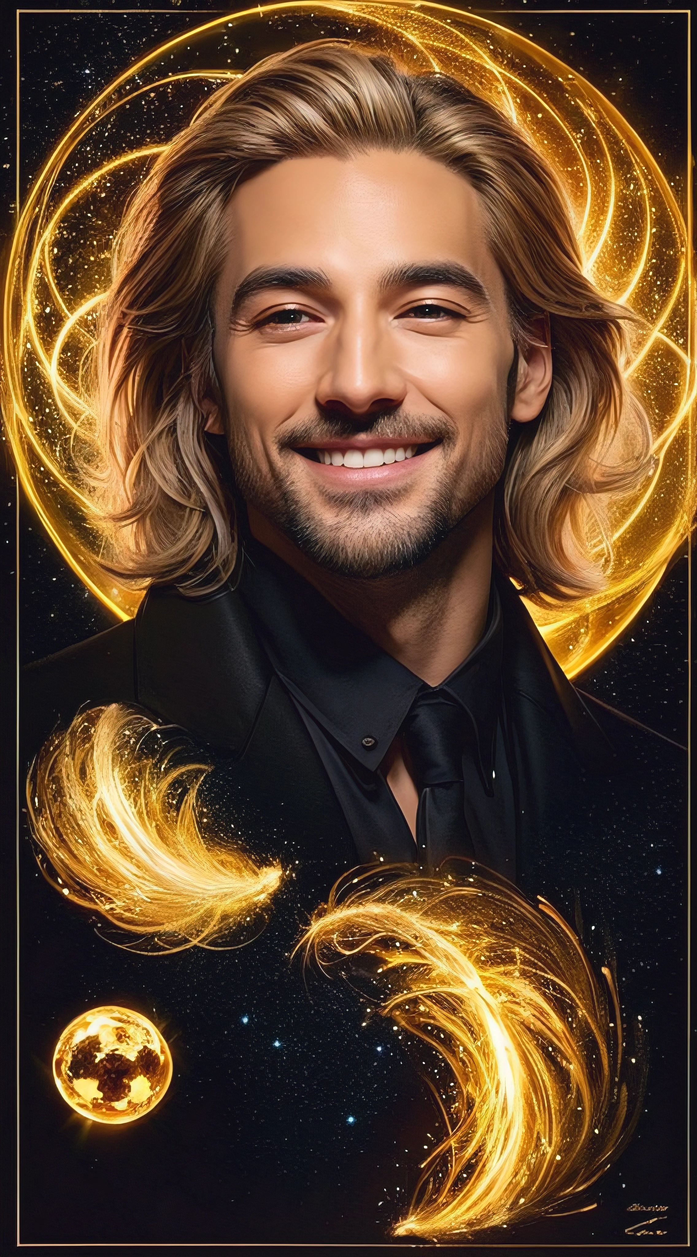 Create a man with unique characteristics, inspired by the sign of Leo and the cosmological stars An artistic representation of the essence of this sign, with striking features and a mysterious aura, Highlight golden traces of gold and golden lights, yellowish hair like gold and a confident smile Make clear the pride of the sign of Leo in its essence with a long and voluminous hair as a representation of the mane