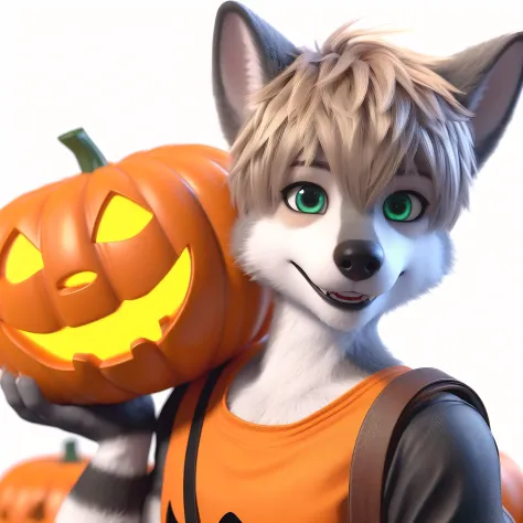 A picture of a cute wolf who is a young heterosexual adult looking at the viewer with a happy expression on his face wearing a Halloween costume and holding a jack-o-lantern in his left hand. This image needs to be ultra realistic in 8k