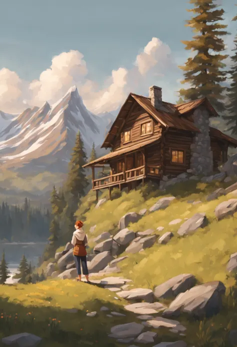 A serene scene of a lady standing in front of a cozy mountain cabin, surrounded by the majesty of nature. She gazes at the tranq...